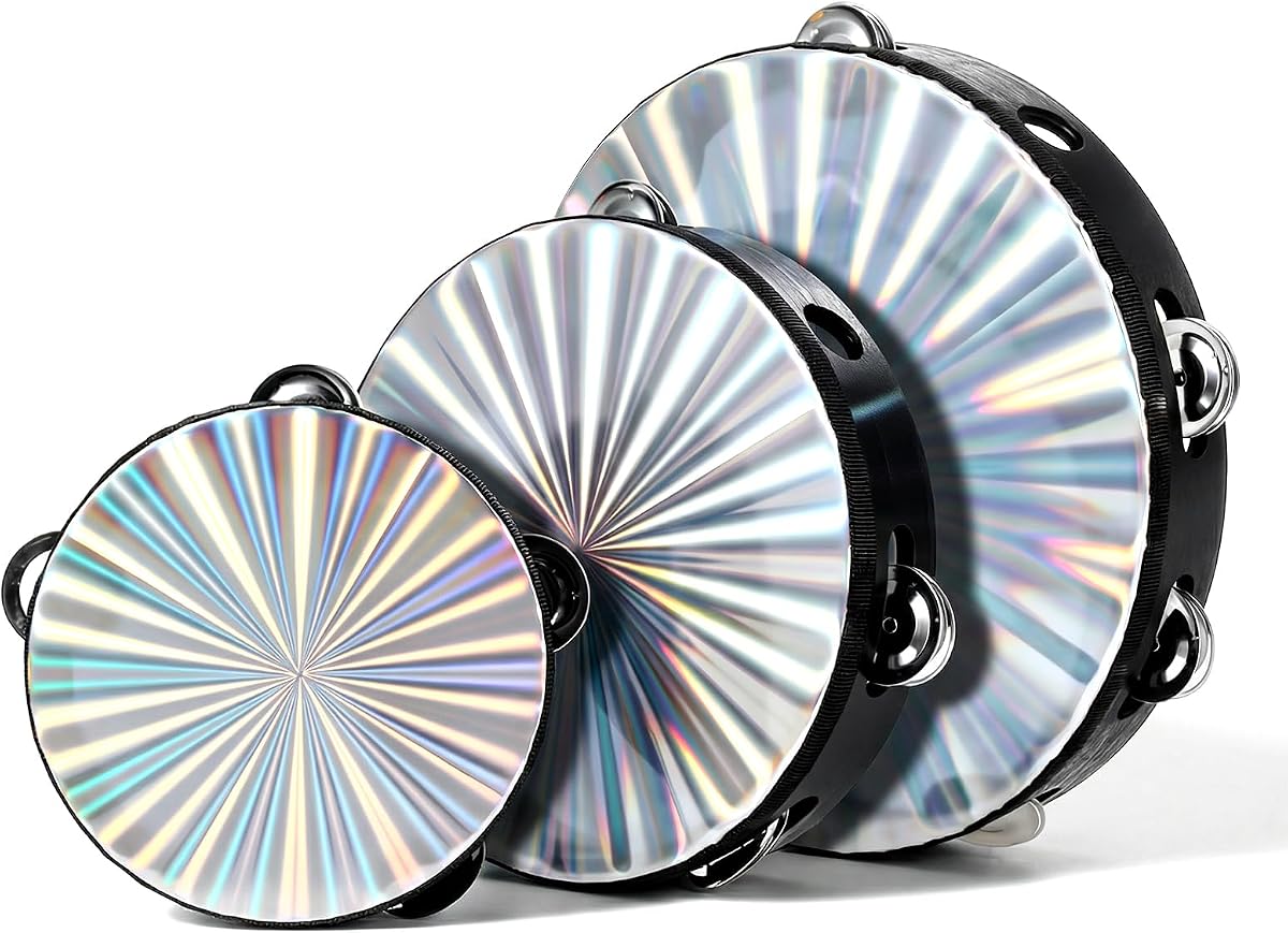 Paquete de 3 panderetas radiantes para adultos, pandereta de madera de 6", 8", 10" con cascabeles de metal de doble fila, tambores de mano reflectantes, panderetas, instrumento musical para iglesia, baile, fiesta, KTV