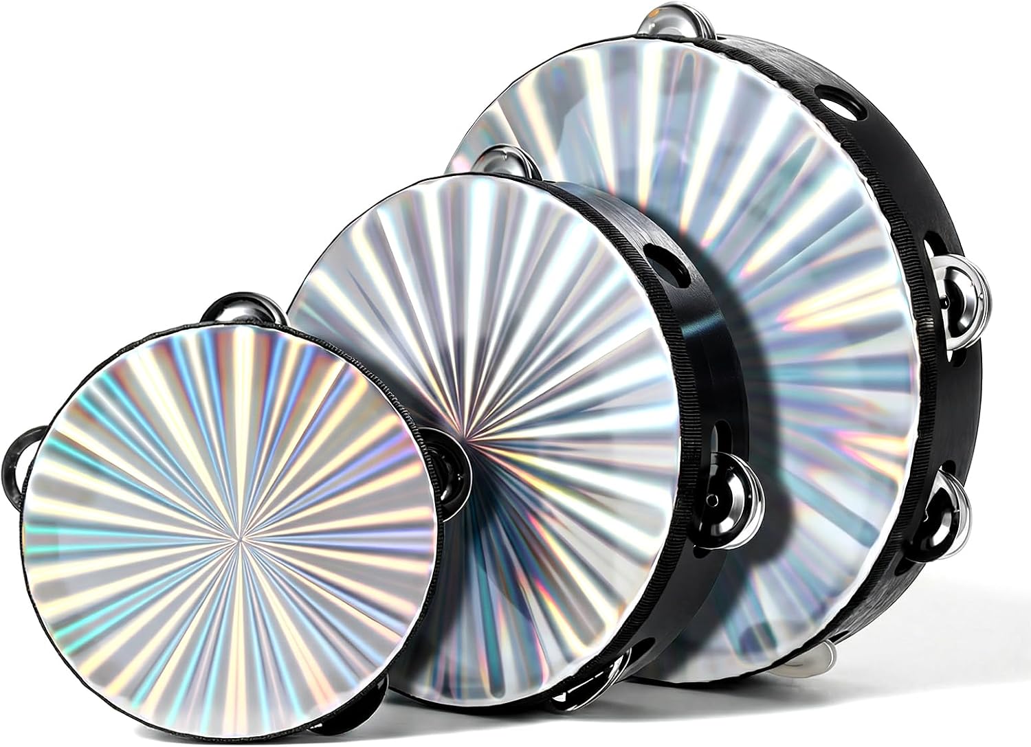 3 Pack Radiant Tambourine for Adults, 6", 8", 10" Sizes Wooden Tambourine with Double Row Metal Jingles, Reflective Hand Drums Tambourines Musical Instrument for Church, Dance, Party, KTV