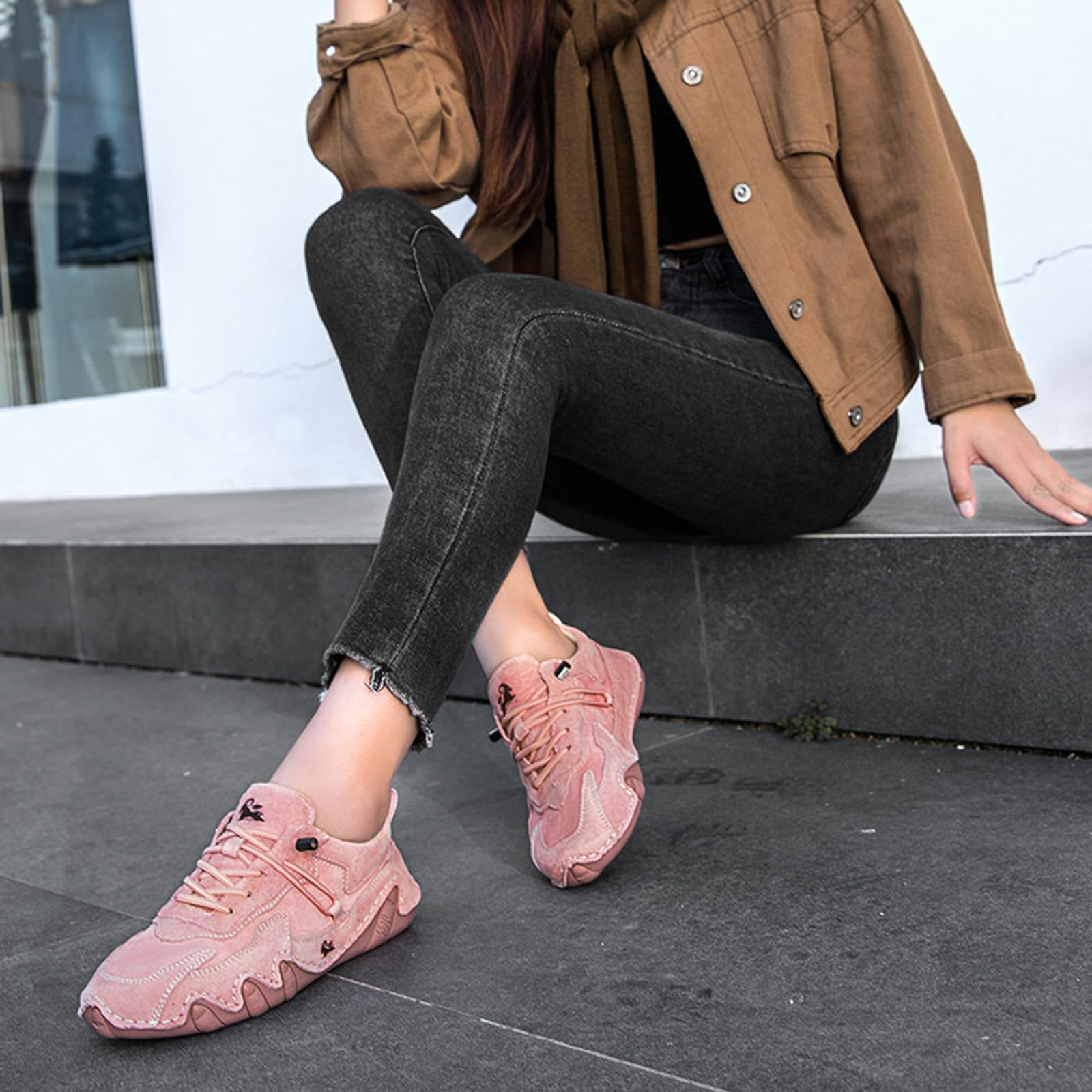 Zapatos de gamuza impermeables para mujer, para senderismo, camping y conducción, para todas las estaciones, modernos, elásticos, con cordones, cosidos a mano, para deportes al aire libre