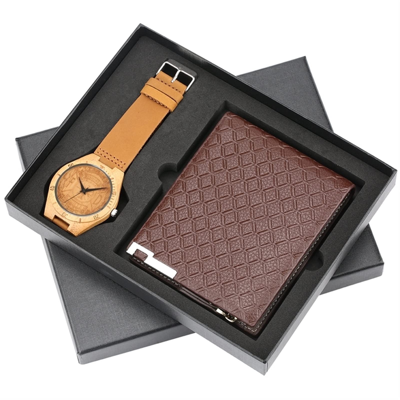 Handmade Grawerowane Watch Drewno Zegarek Moda Tłoczonego Sprzętu Zipper Portfel Karty Uchwyt Mężczyzna Pieniądze Torebki Prezenty Zestaw Dla Mężczyzn Urodzinowe Prezenty Walentynkowe