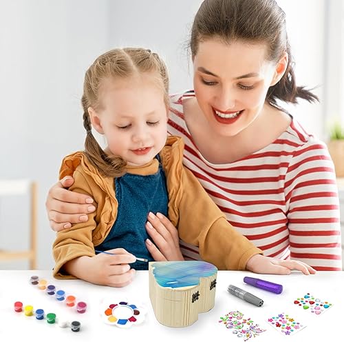 Miniatura 6 de Ambesi Pinta tu propio joyero de madera, kit de caja del tesoro de corazón artístico para niñas, kit de caja de joyería para decorar niños de 4 a 6,