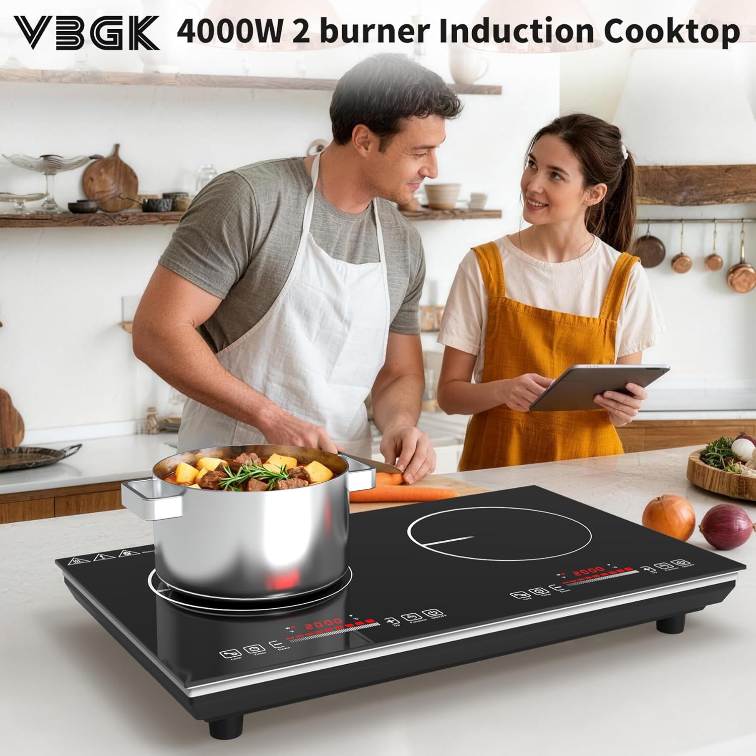 VBGK 2 burner Induction Hop,3600W Electric hob 2 burner with Knob Control,9 Power Levels, Kids Lock & Timer,LED touch control,double induction hop