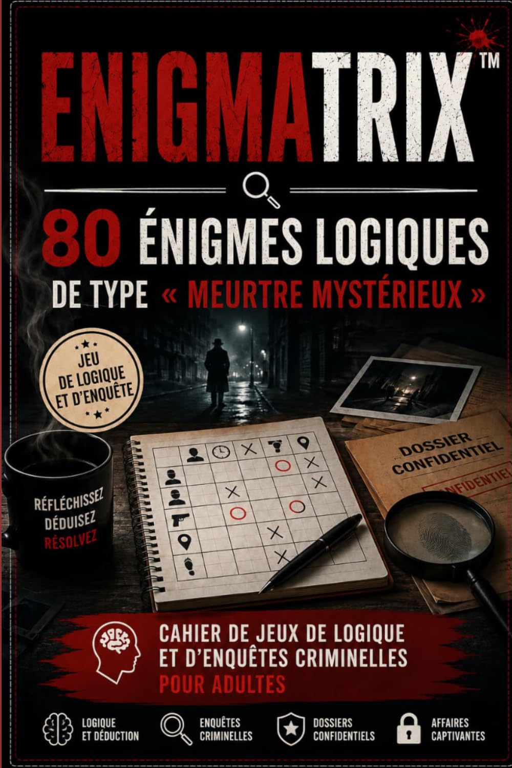 ENIGMATRIX: Cahier de Jeux de Logique et d'Enquêtes Criminelles pour Adultes | Résolvez 80 Énigmes de Meurtres Mystérieux grâce aux Indices et Plans de Scènes de Crime