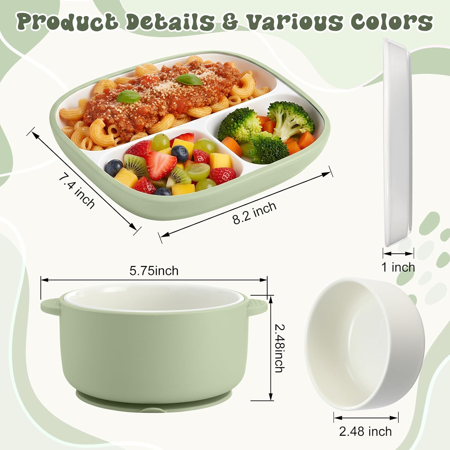 Domensi 4 Pcs Square Porcelain Kid Plate and Bowl Set with Suction, 2 Ceramic Toddler Divided Plate 2 Baby Anti Slip Silicone Sleeve Bowl for Feeding Supplies Microwave Dishwasher Safe(Blue, Green)