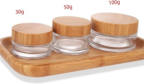 Miniatura 9 de 6 tarros vacíos de vidrio transparente redondos de 1.7 oz50 g con tapas de bambú, tarro de crema de bambú, recipientes de viaje cosméticos