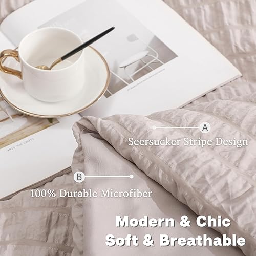 Miniatura 6 de Haowaner Seersucker - Juego de edredón beige tamaño matrimonial, juego de edredón beige, juego de edredón de tamaño matrimonial, edredón beige