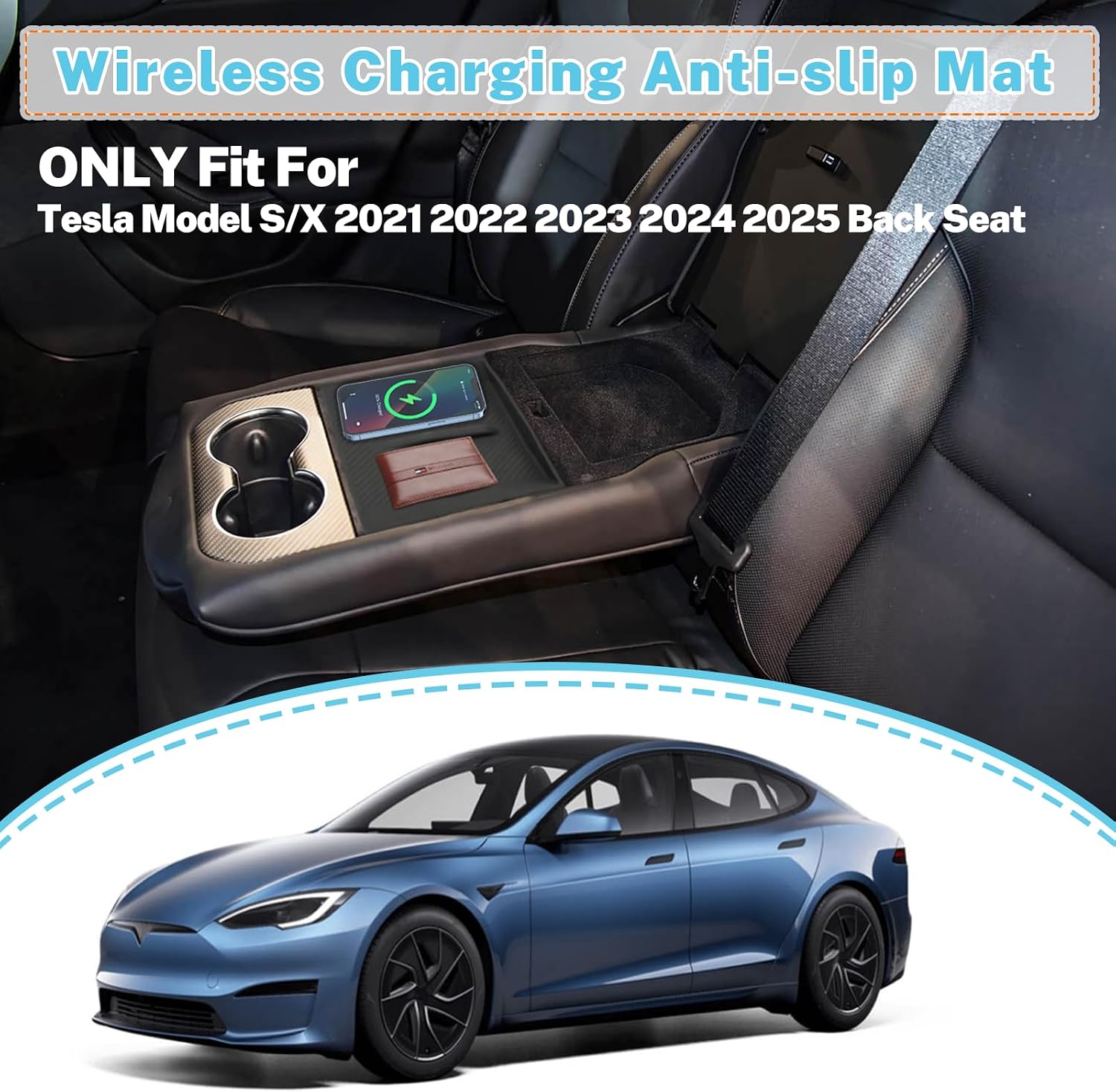Yumzeco Compatible with Tesla Model S Model X Back Seat Wireless Charging Mat Silicone Mat 2021 2022 2023 2024 2025 2026, Rear Seat Charger Pad Fit for 2021 2022 2023 2024 2025 2026 Tesla S X Interior image 2