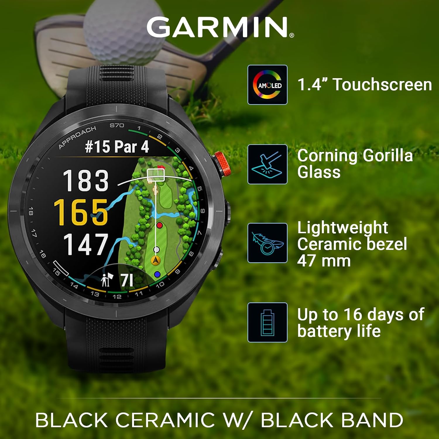 Garmin Approach S70: Ceramic 47 mm Golf Smartwatch|1.4" AMOLED Display Up to 16 Days Battery Life, Multisport GPS Premium Watch w/ 43K+ Golf maps & Wearable4U Gift Bundle, Black +E-bank