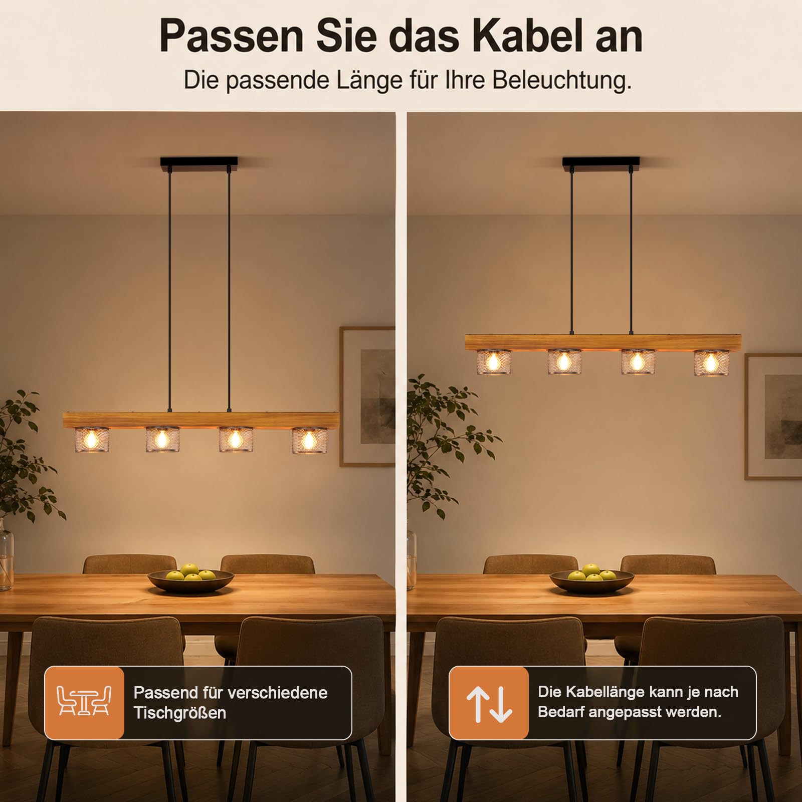 ZMH Vintage Pendelleuchte Holz Hängelampe esstisch 4 flammig mit Holzbalken | Schwarz Hängeleuchte retro Esstischlampe E14 Esszimmerlampe aus Metall für Küche Wohnzimmer Esszimmer (Ohne Leuchtmittel)
