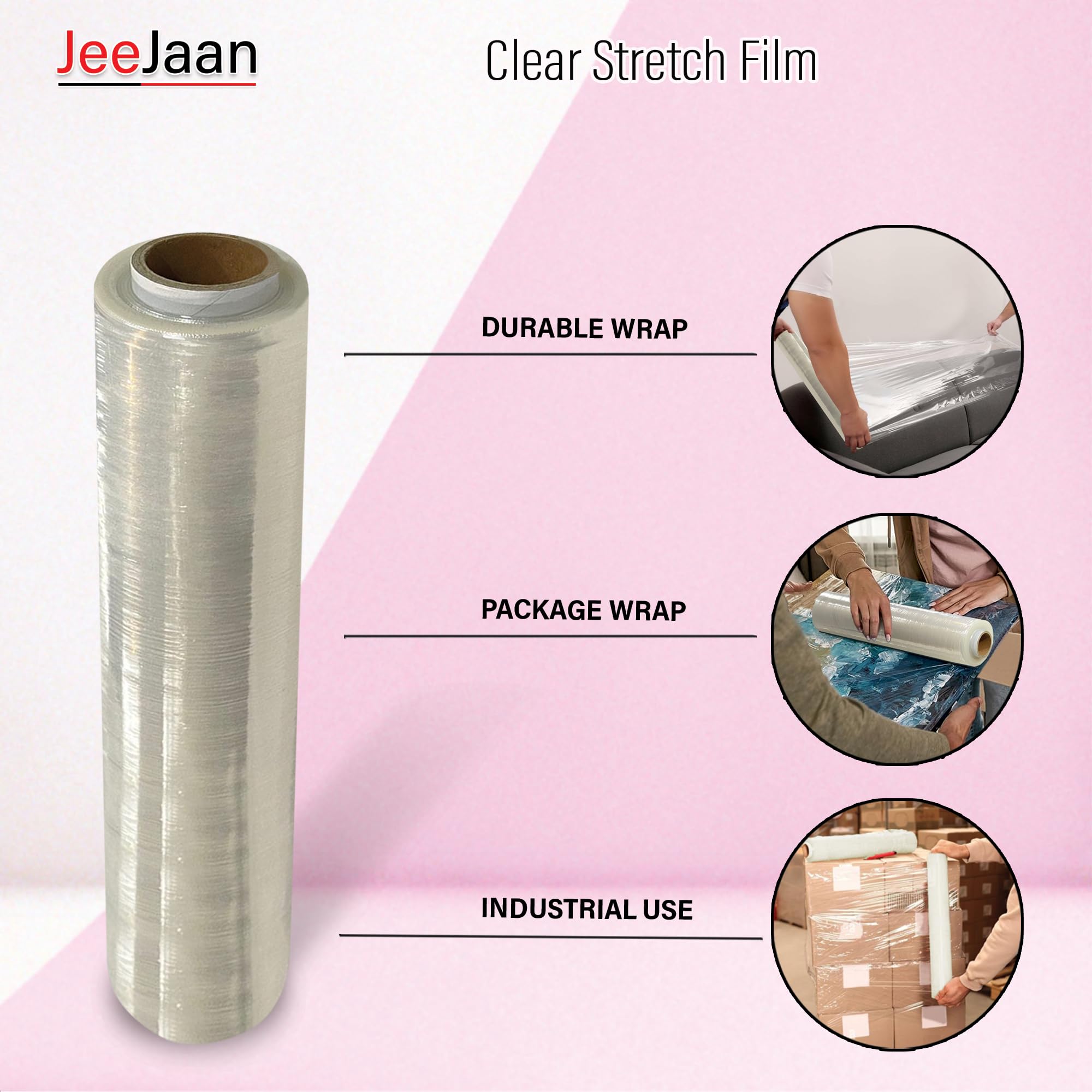 JeeJaan® Lot de 6 rouleaux de film étirable transparent pour palettes de 400 mm, 750 g, noyau standard de 20 µm, résistance industrielle, film étirable, film étirable, emballage plastique | Emballage