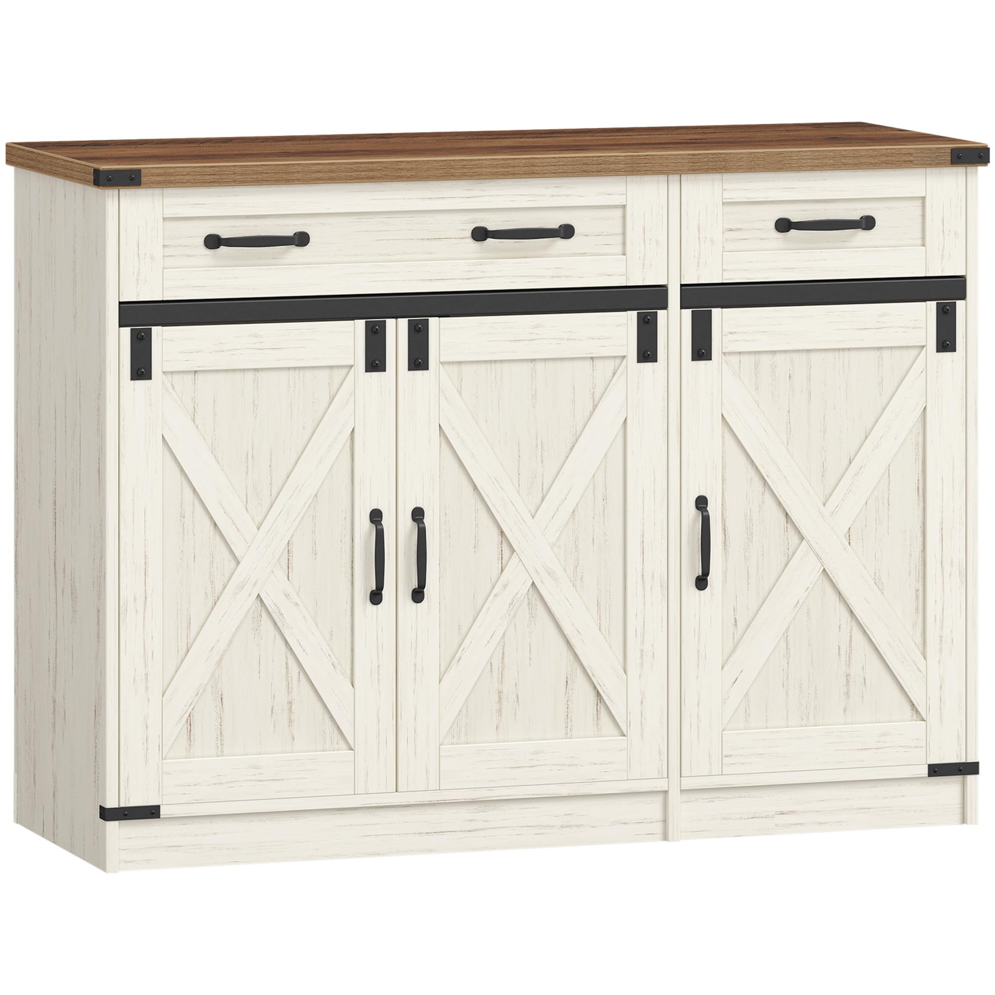 Hzuaneri Armario de Cocina, Aparador Cocina, Armario de Almacenamiento con 2 Cajón, 3 Puertas, Estantes Ajustables, 40 x 108 x 80 cm, Blanco Rústico y Marrón Miel SC85814X