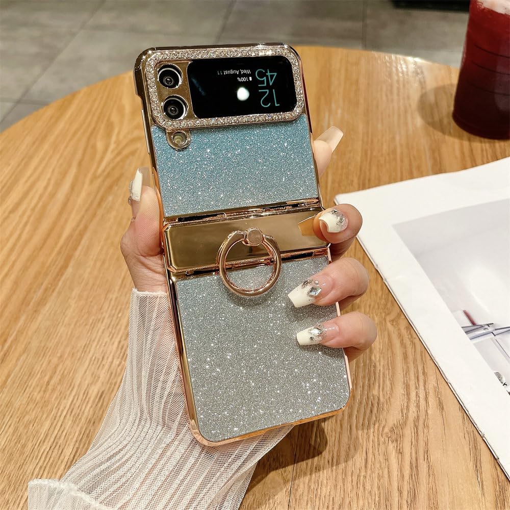para Samsung Galaxy Z Flip 3 4 Funda con Purpurina Brillante, Anillo galvanizado, bisagra Plegable, Carcasa Trasera rígida, Accesorios, Azul, para Samsung Galaxy Z Flip 4