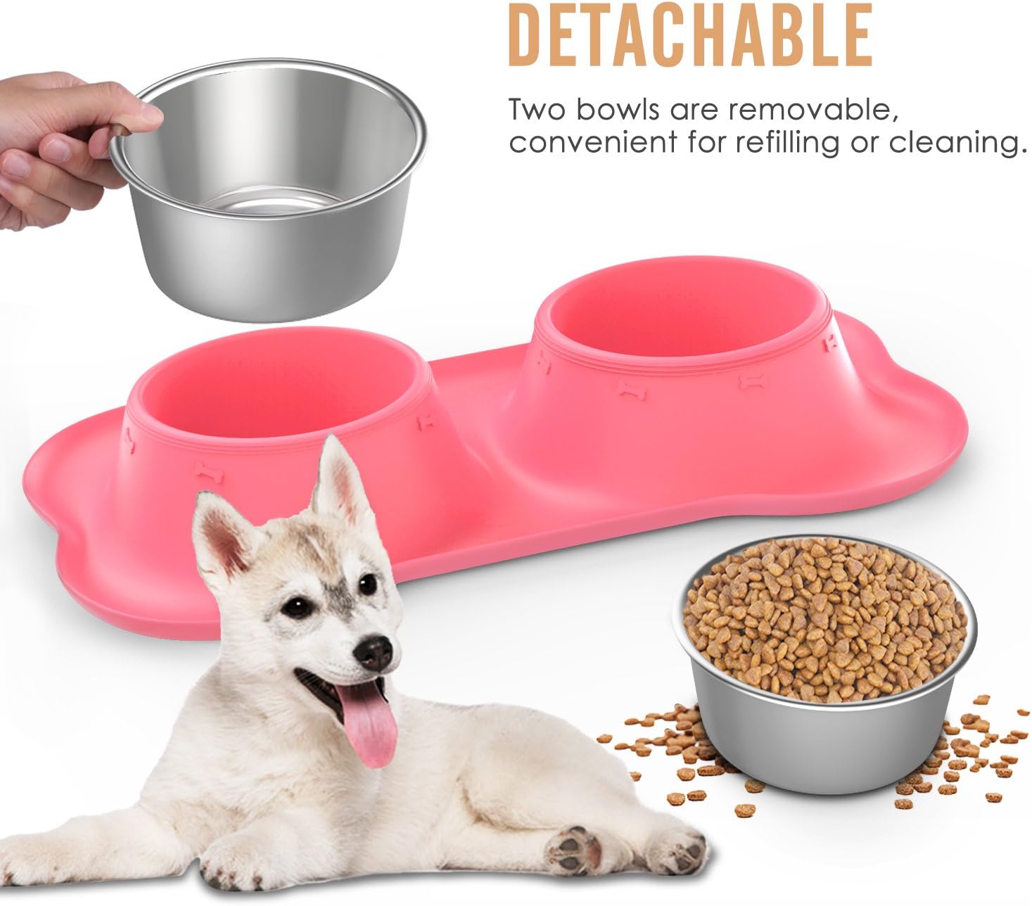Detachable stainless steel bowls being placed into the silicone mat