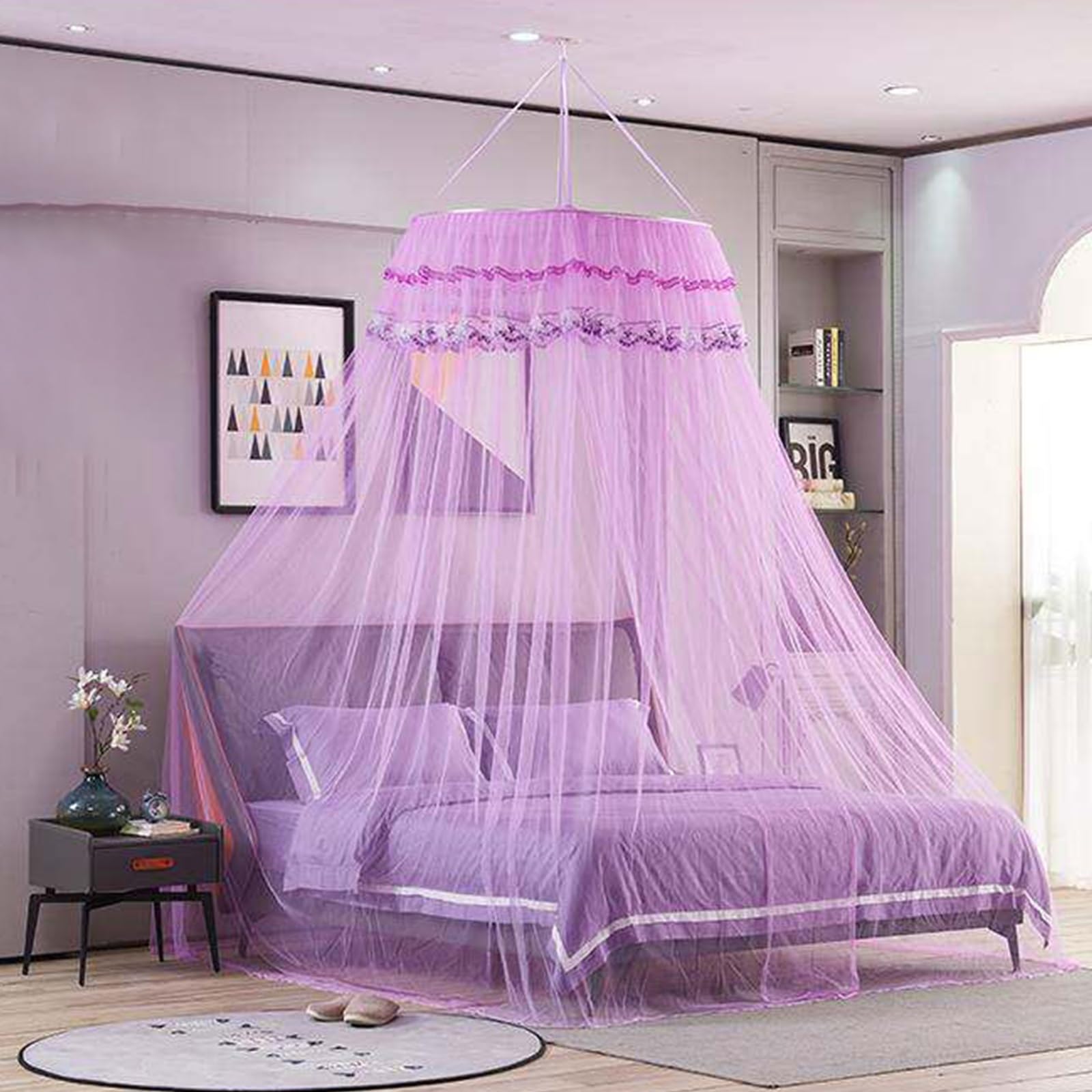 SARKEY Transparenter Netz Kuppel Bettvorhang,Prinzessinnen Betthimmel,Elegante Moskitonetz Bettvorhänge,Hängende Bettnetzabdeckung Für Schlafzimmer,Erwachsene,Hochzeit Dekoration(Purple)