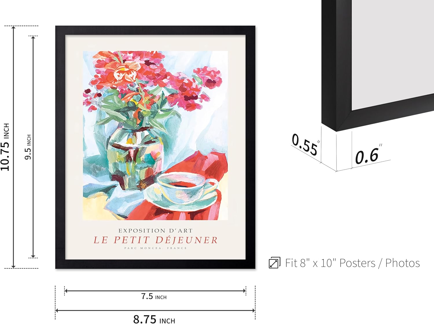 Poster Master Vintage Botanical Poster - Retro Floral Print - Bouquet Of Red Flower, Crystal Vase, Tea, Watercolor - Gift for Florist, Friend - Wall Decor for Home, Office, 8x10 Black Framed