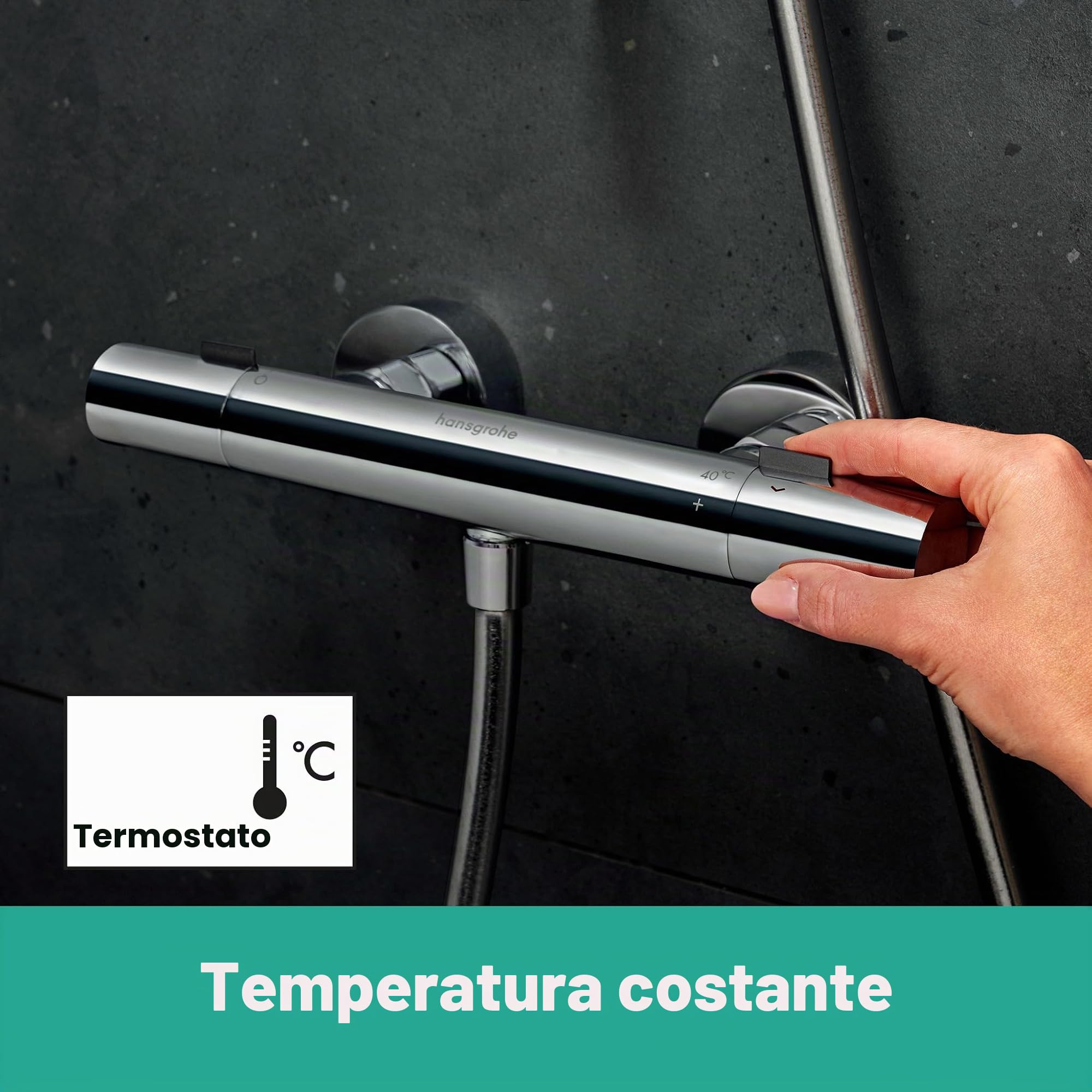 hansgrohe Ecostat Fine - Miscelatore termostatico per doccia esterno con EcoStop+, Rubinetto termostatico con blocco di sicurezza (SafetyStop) a 40° C, Termostato per doccia, 1 utenza, cromo, 13324000