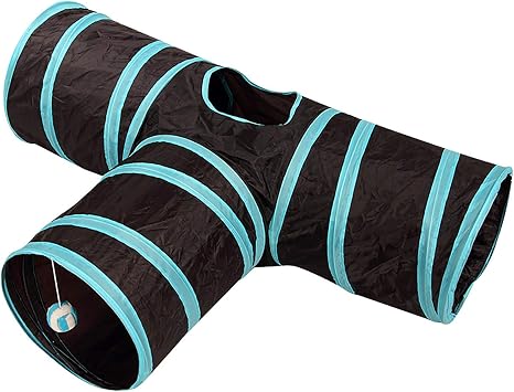 3 Way Cat Tunnel Collapsible Pet Play Tunnel Tube Toy with Crinkle & Balls Toy for Cat, Small Dogs, Kitty, Kitten, Rabbit CT097 T Blue Black