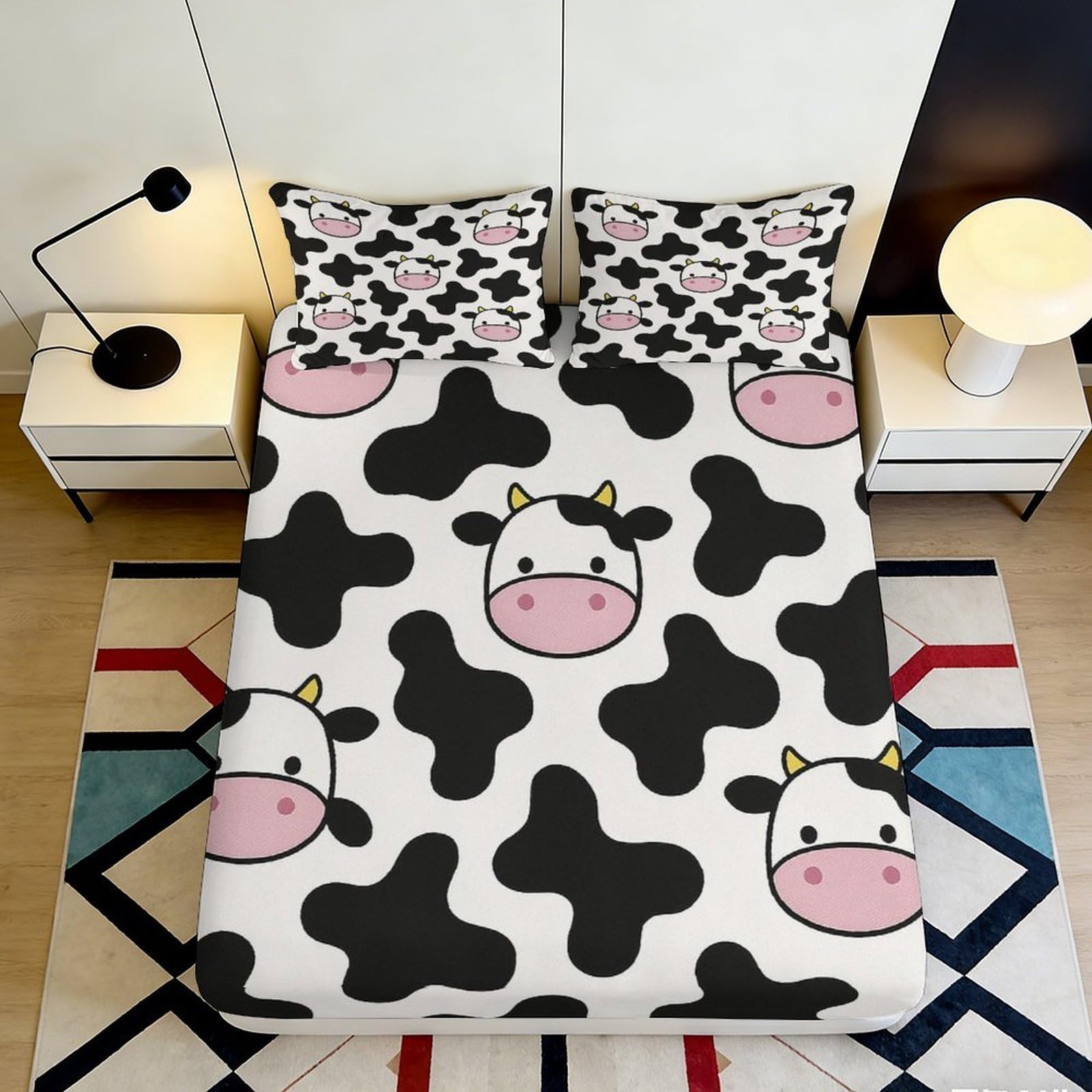 Stylish Cow Pattern Fitted Sheet 3D Printed, Microfiber Soft Touch, Bed Cover for Bedroom, Guest Room, Wrinkle Resistant, Apartment Bedding, Easy Care, 120x200cm 90x200x25cm
