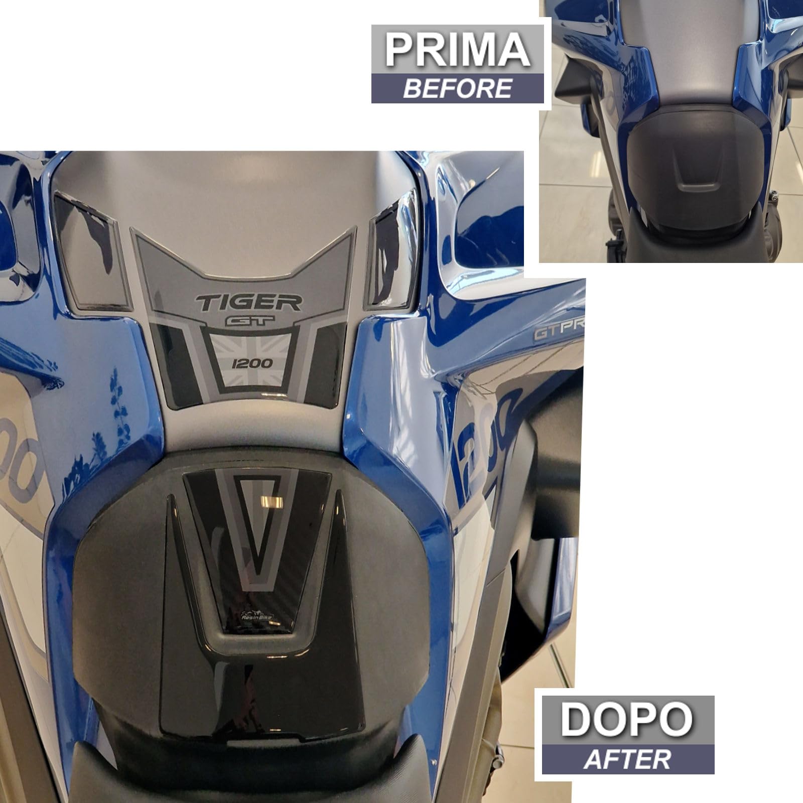 Resin Bike naklejki moto kompatybilne z Triumph Tiger 1200 GT Pro 2022-2024. Ochrona zbiornika paliwa przed uderzeniami i zarysowaniami. Naklejki żywiczne z efektem 3D, wykonane we Włoszech