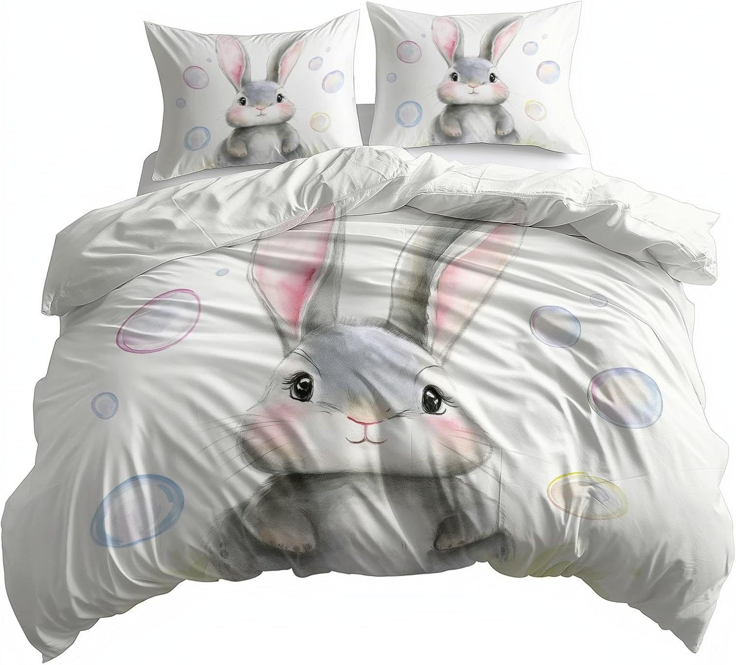 3PCS Cartoon Cute Rabbit Duvet Cover California King Bedding Sets, White Comforter Quilt Cover, 2 Pillow Cases for Boys Girls Toddler Kids Bedding