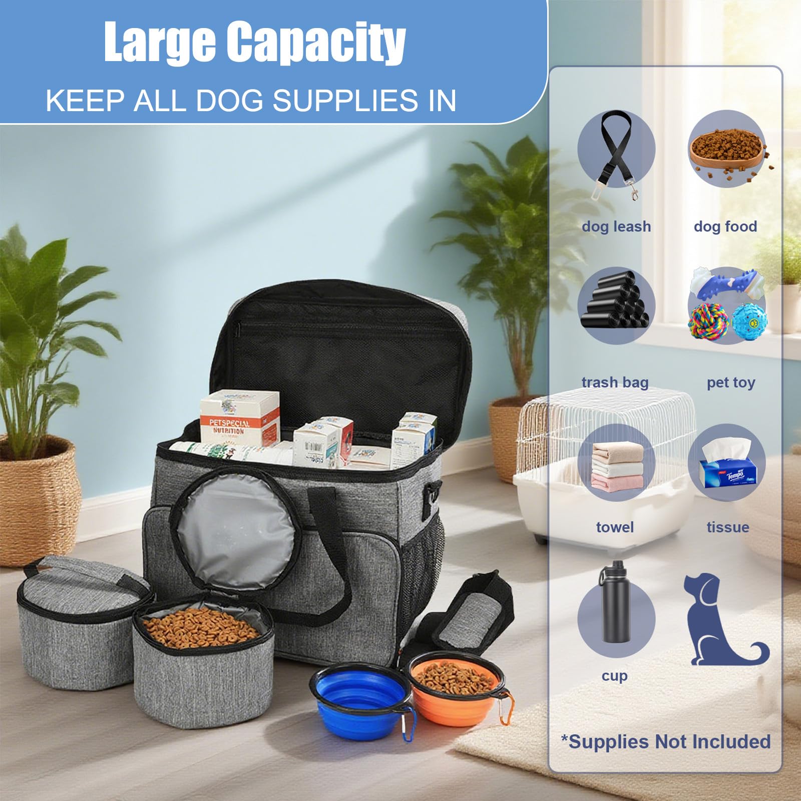 Sac de Voyage pour Chien Grand Sac de Voyage pour Chien - Organisateur de Fournitures pour Animaux avec 2 Récipients de Nourriture et 2 Gamelles Pliables pour Chiens et Chats Grand Sac