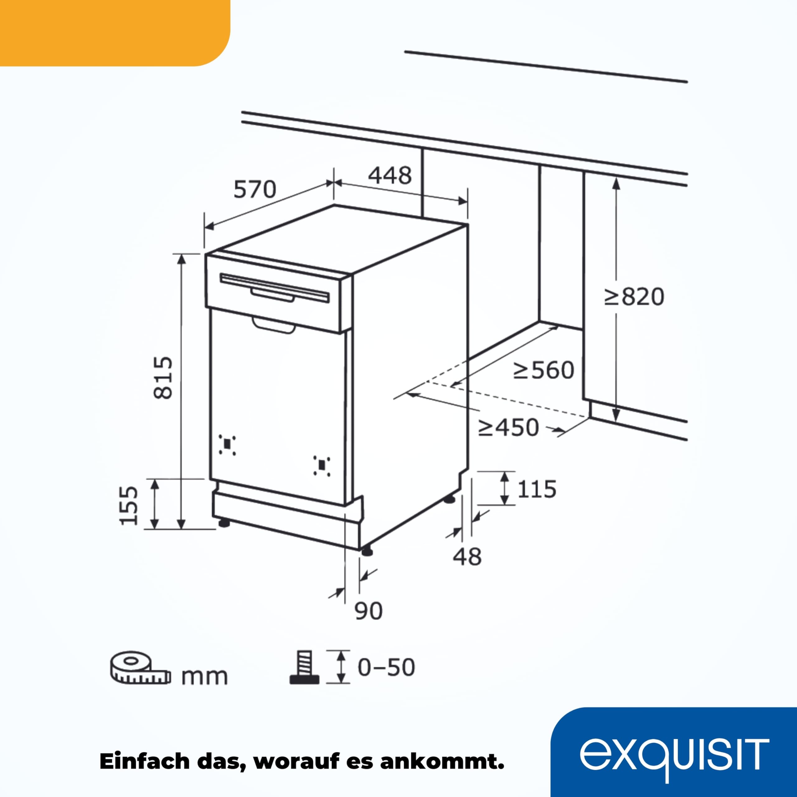 Exquisit Einbaugeschirrspüler 45 cm Teilintegriert Inox 9 Maßgedecke 6 Programme ECO Glas 9 L Wasserverbrauch Startzeitvorwahl EGSP51009-EB-030E