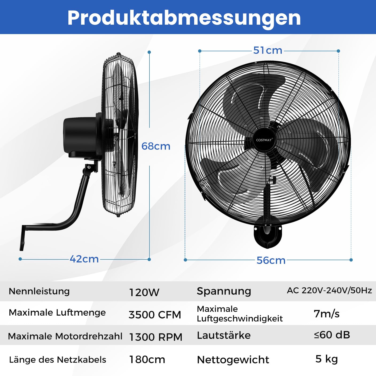 COSTWAY Industrieller Wandventilator 56cm, 85° Oszillation, 3 Geschwindigkeitsstufen, Schwarz