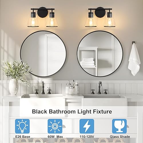 Miniatura 4 de Lámpara negra para tocador de baño, 2 luces, lámparas de baño sobre espejo, accesorios de iluminación con pantalla de vidrio transparente de 14
