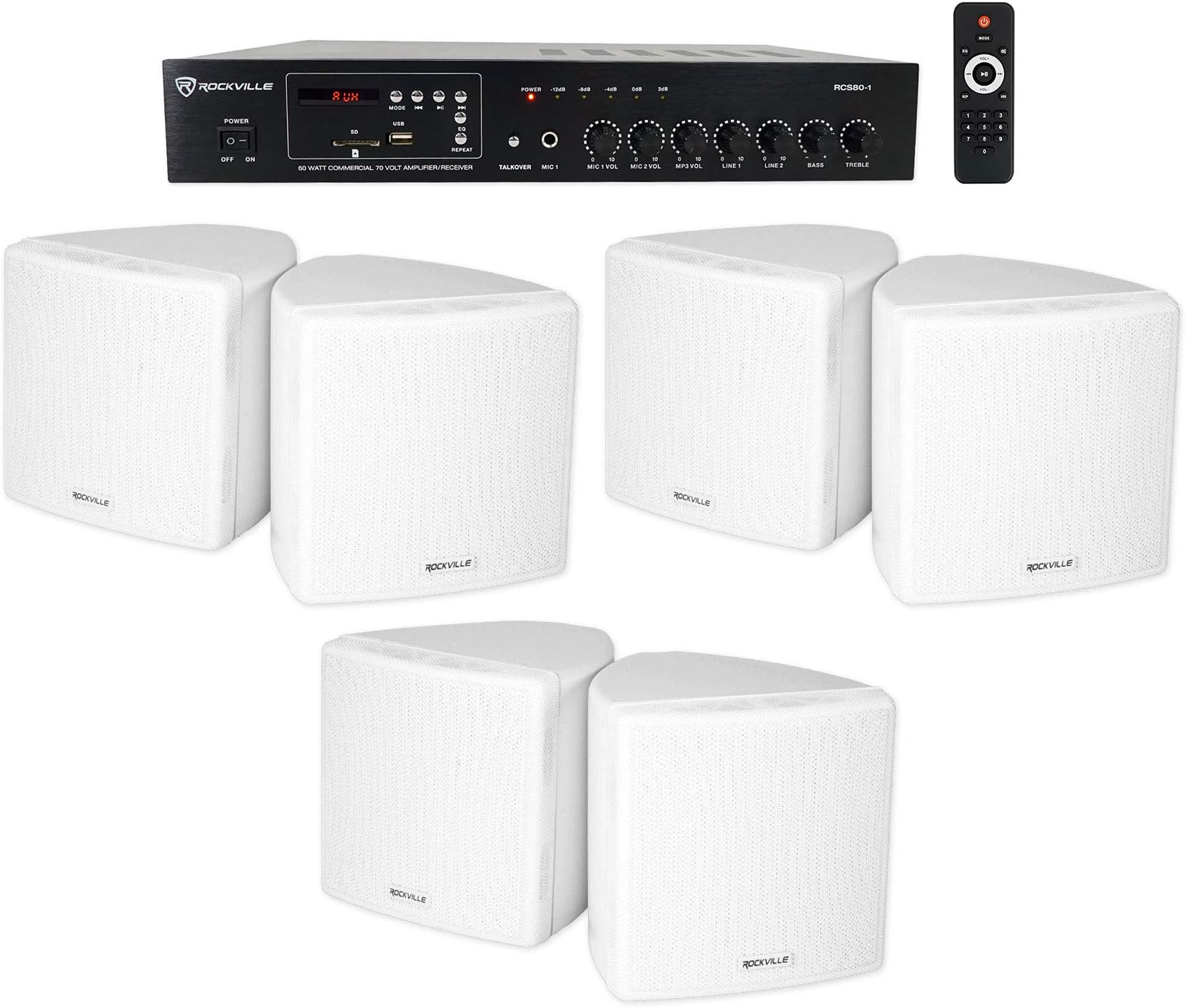 Rockville RCS80-1 Bundle: 60-Watt 70V Commercial Bluetooth Amplifier Receiver, (3) Pairs of Cube 3.5 in White Swivel Wall Mount 70V Speakers for Restaurant, Office, or Retail Audio Systems, 7-Items