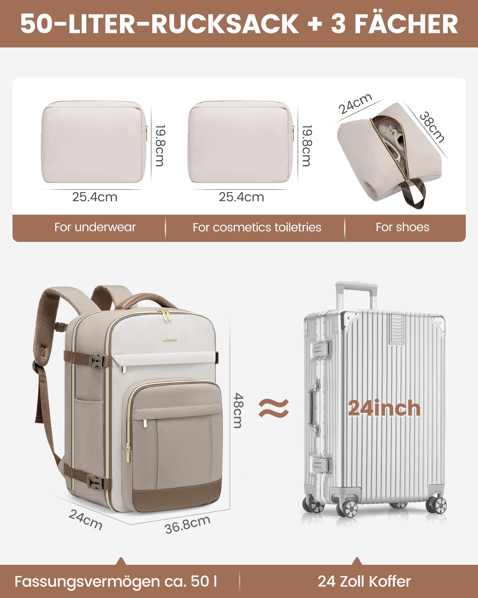 LOVEVOOK Bagaż podręczny, plecak podróżny, 40 l, kieszeń na laptopa, wodoszczelny, 15 kieszeni (Khaki-beż-brąz piaskowy, 18 cali – 50 L – 4 szt)