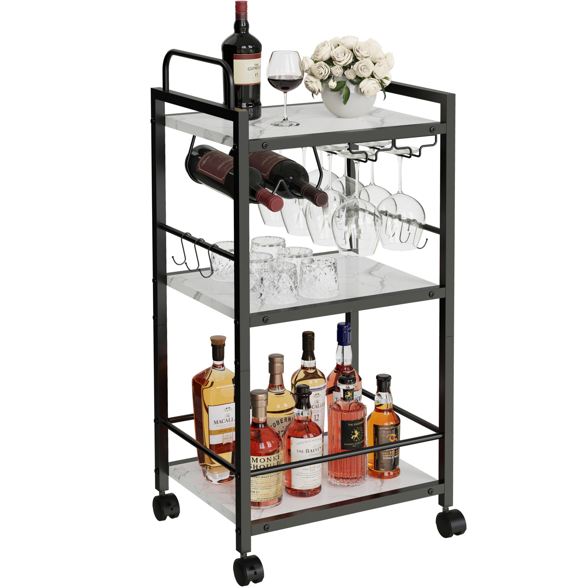 Barwagen für Zuhause, 3-stöckige Küchenwagen mit Rollen, kleiner Rollwagen mit Glashaltern, Weinregal, Mini-Barwagen für Küche, Esszimmer, Wohnzimmer, 33 x 43 x 84 cm (T x B x H), Marmorweiß