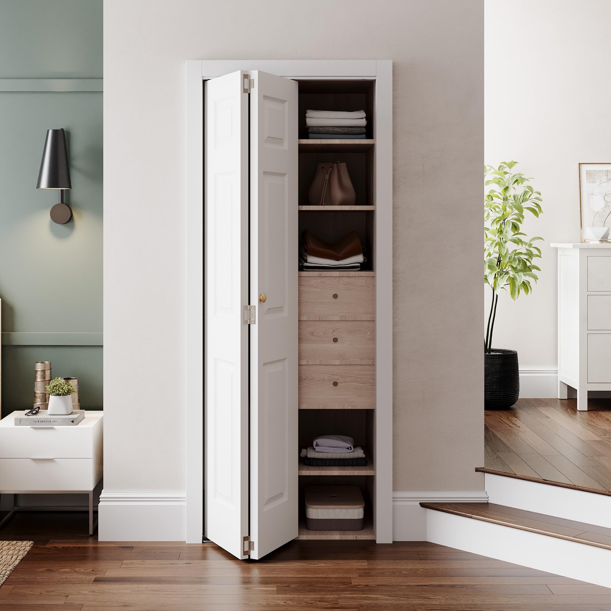 smartstandard 30" x 80" paintable bifold door, 3-panels closet doors with hardward kits, white primed surface ready for painting, 29 2/5" x 78 2/5", elegant molded design, easy installation