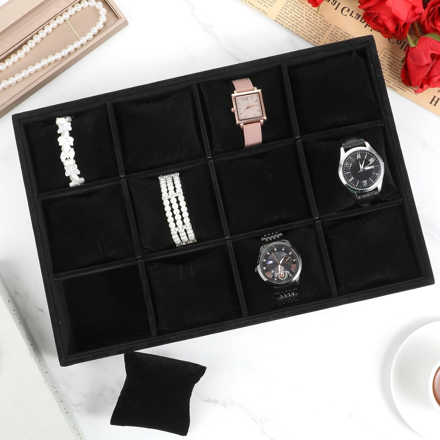 2 PCS Watch Tray, 12 Grid Watch Holder Organizer Tray for Men Stackable with Adjustable Bracelet Pillow, Boxwood Jewelry Trays, Bracelet and Watches Display for Selling, Women and Men -Black