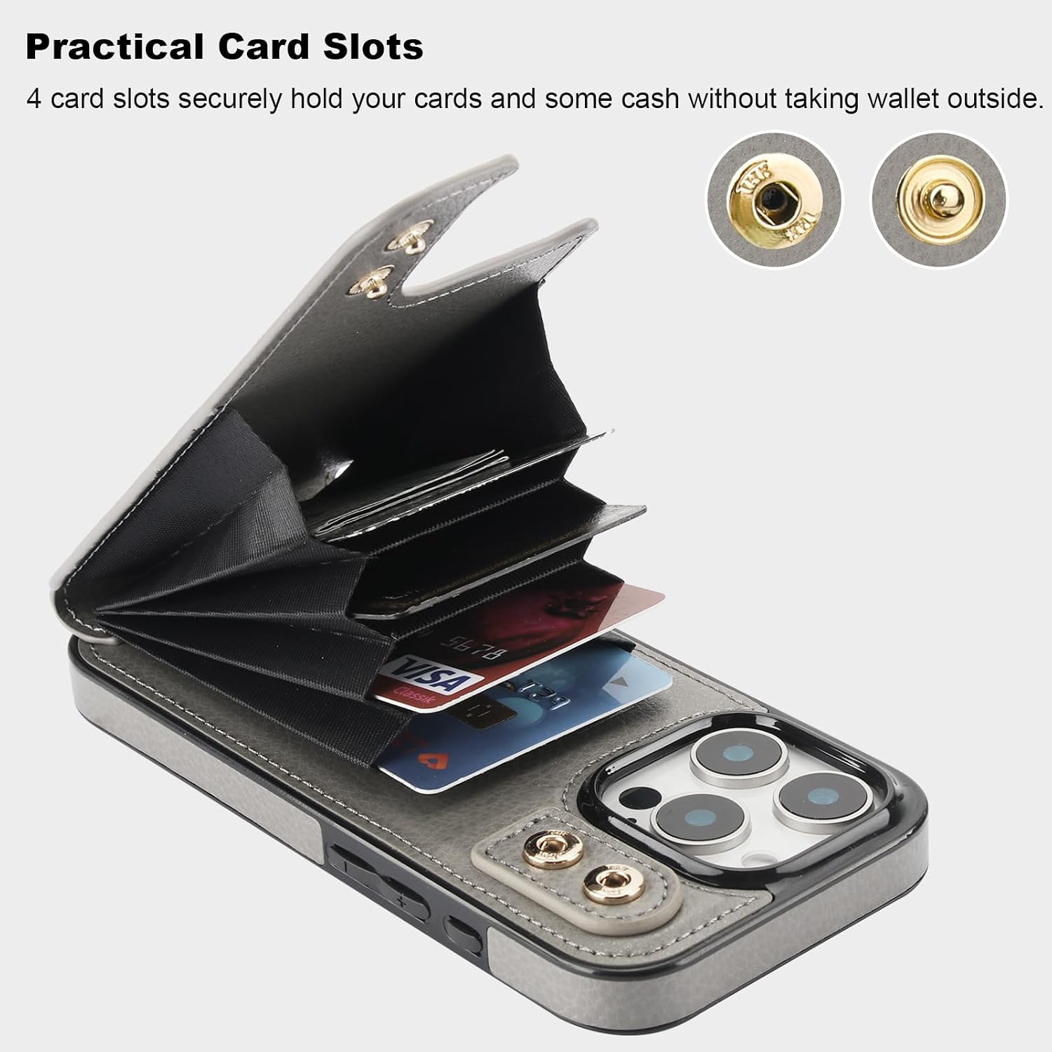 Folosu Compatible with iPhone 16 Pro Case Wallet with Card Holder, 360°Rotation Finger Ring Holder Kickstand, RFID Blocking Leather Protective Double Buttons Shockproof Cover 6.3 Inch Gray