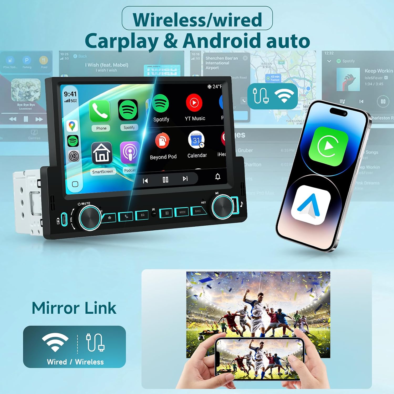 Image showing the car stereo display running CarPlay and Android Auto, with a smartphone wirelessly connected.