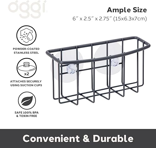 Vista 3 de Oggi Organizador de fregadero de metal con succión: cepillo de cocina, jabón de barra o soporte de esponja para fregadero de cocina, gran
