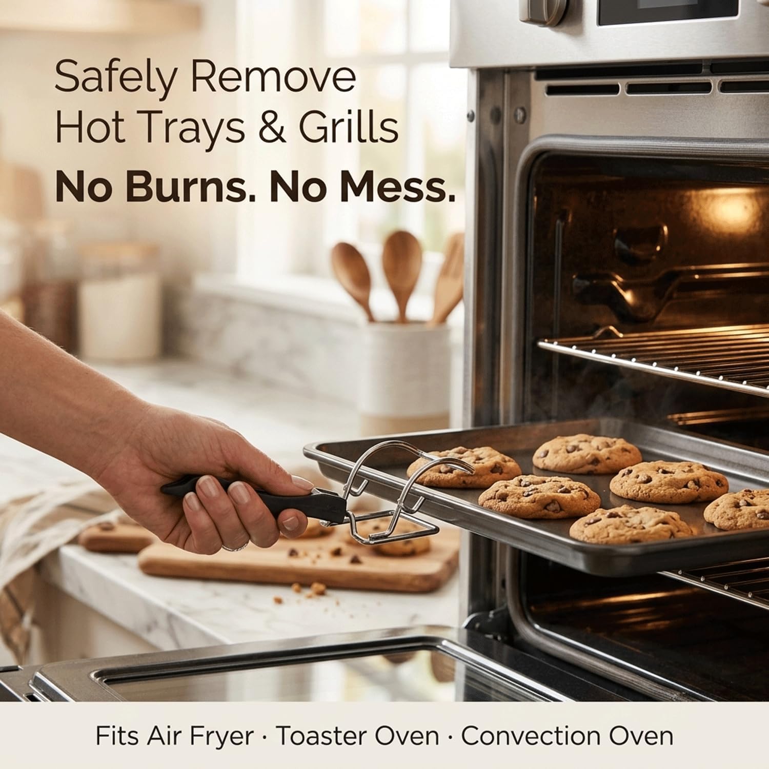 2 Pcs Air Fryer Convection Toaster Oven Tray Extractor, Oven Rack Pull Tool, Grills Extractor Clip with Ergonomic Handle, Heat Resistant Oven Tray Handle for Quickly Removing Trays and Grills