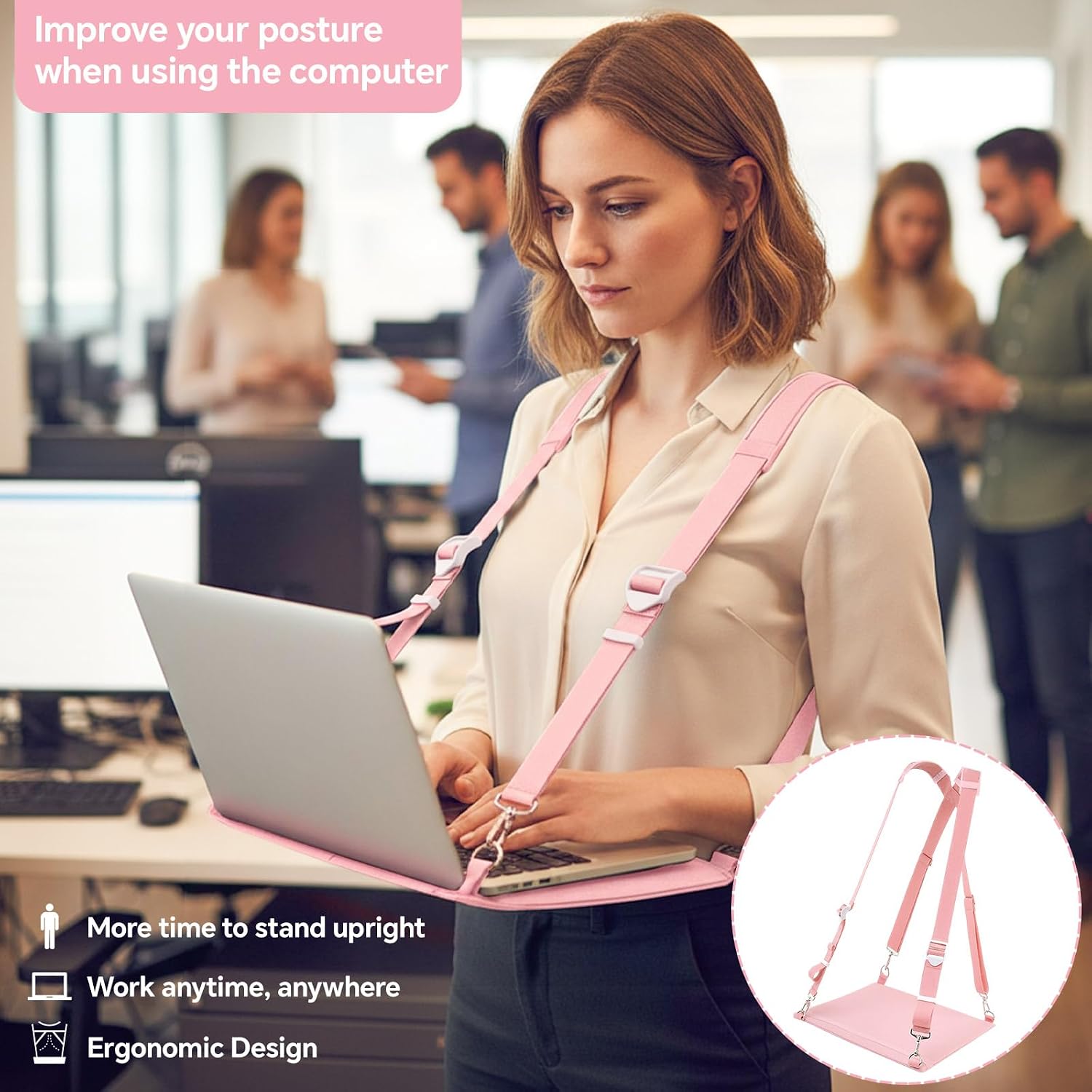 Suncalla Laptop Harness for Walking Portable Wearable Laptop Stand for up to 16'' Tablets E-Readers Notebook Notepad Standing Desk with Adjustable Straps(Pink)