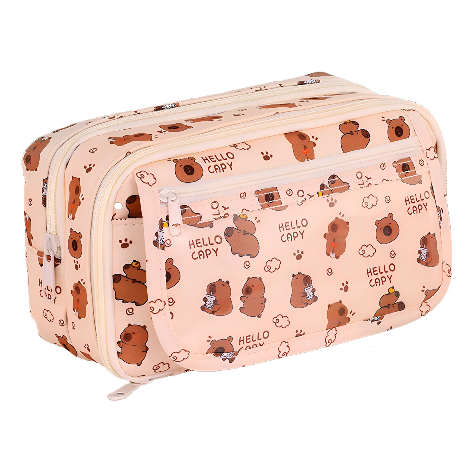 JYJLLM Personalised Pencil Case - Cute Khaki Cartoon Pencil Case with 3 Compartments, Unisex, Zipper Closure, Top Handle, 22x8.5x12.5cm