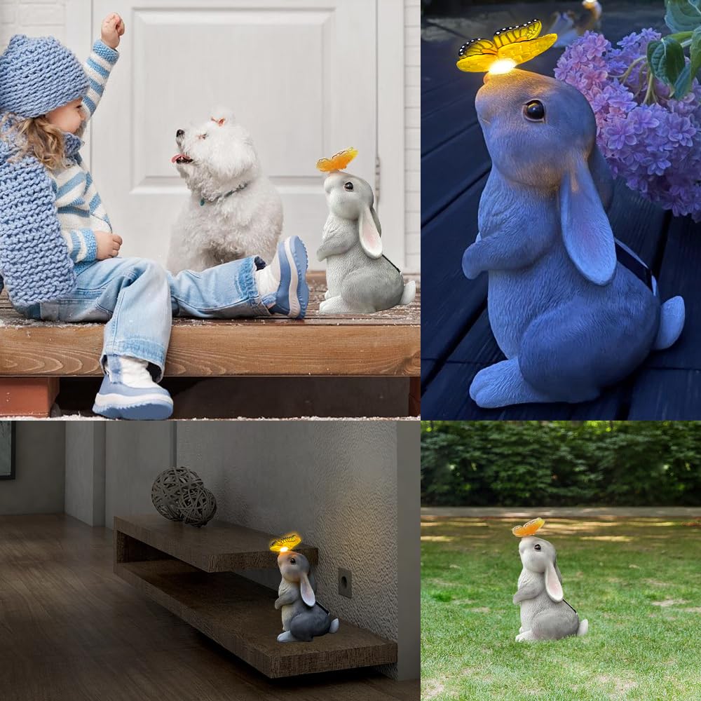 Solar Gartenfigur Osterhase Mit Schmetterling – Wetterfeste Harz Osterdeko Für Draußen