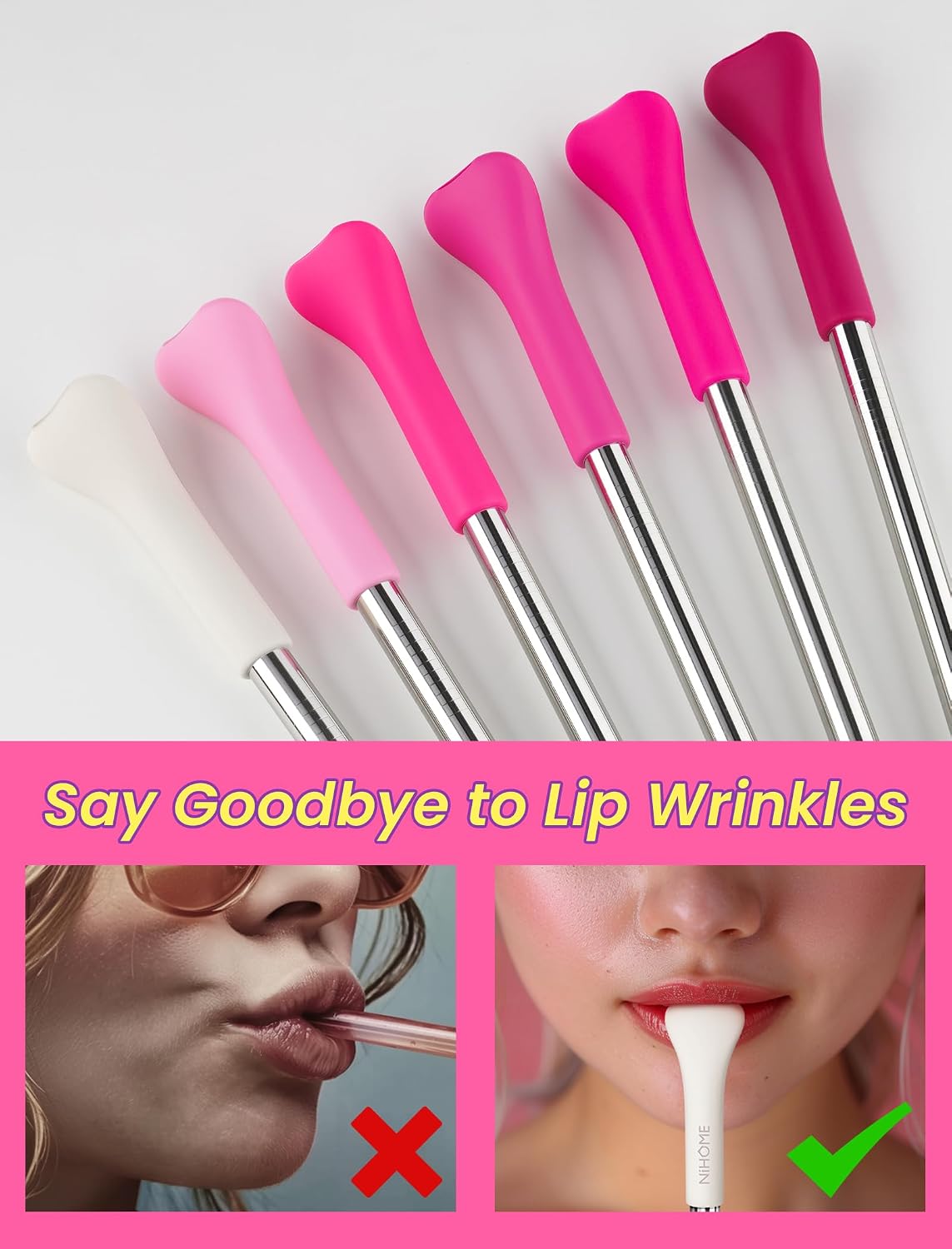 NiHome 6PCS Anti Wrinkle Straws with Silicone Widen Flat Tip Metal Straw image 2