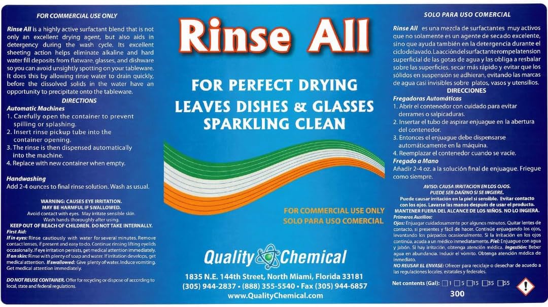 Quality Chemical Heavy Duty Liquid Alkaline Commercial Dishwasher Detergent (1 Gallon) - Rinse All/Commercial Industrial Grade Rinse Aid/Dishwasher Rinse Aid, heat and cool dry Finish (1 Gallon)