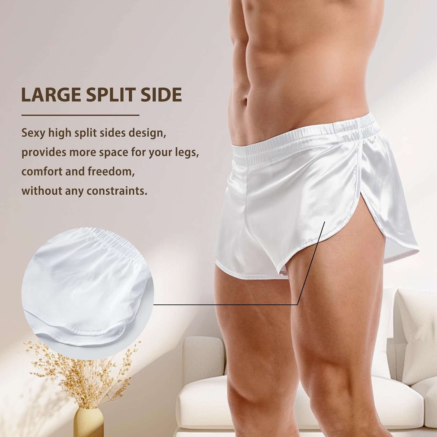 AMY COULEE Mens Sexy Satin Shorts Large Split Side Boxers Silky Pajamas Sleepwear with Pouch Liner - Image 4