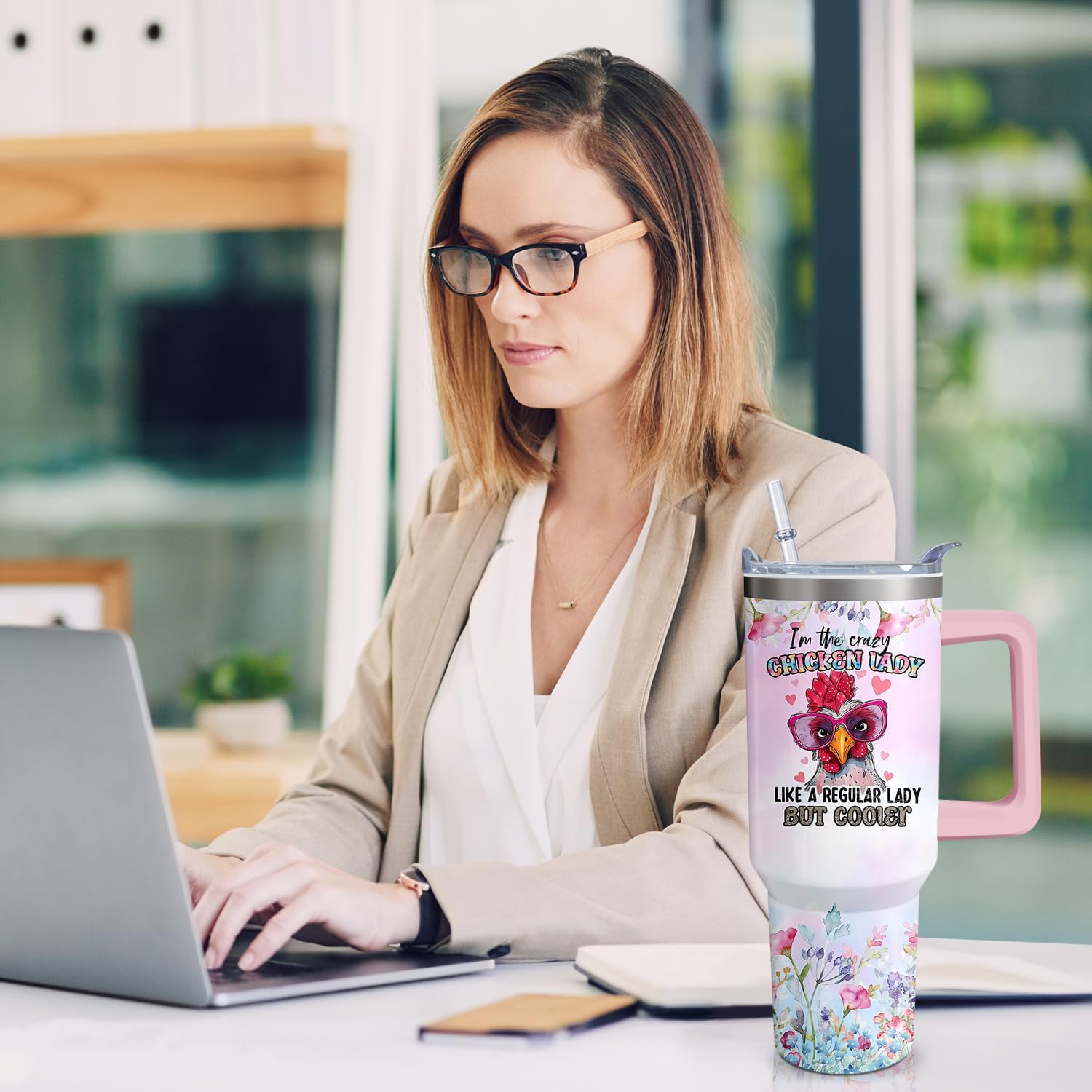 40oz Chicken Stainless Steel Tumbler with Handle and Straw, Hen Insulated Cup Travel Coffee Mug Water Bottle with Lid and Straw, Animal Lovers Women Gifts - Image 6