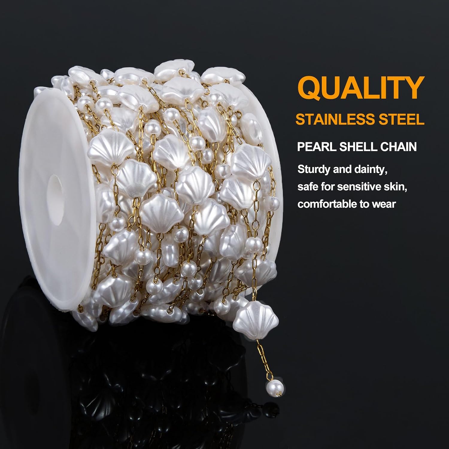 KYUNHOO 16.4FT/5M Artificial Shell Pearl Chain Roll Stainless Steel Paperclip Links Gold Plated Chains for Jewelry Making with Jewelry Connectors