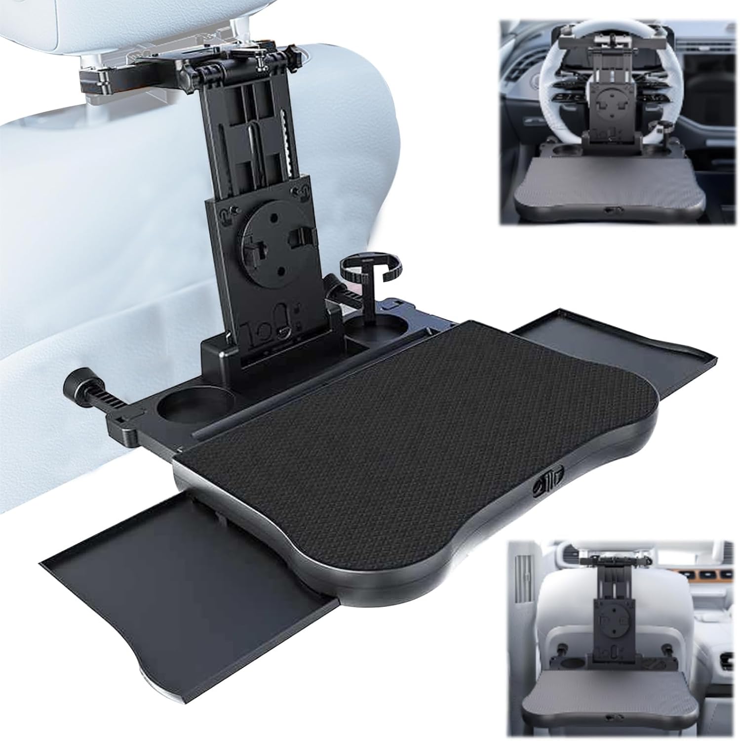 Car Steering Wheel Desk & Back Seat Headrest Table Travel Car Accessories, Height Adjustable for Food Drink and Writing Laptop Work.