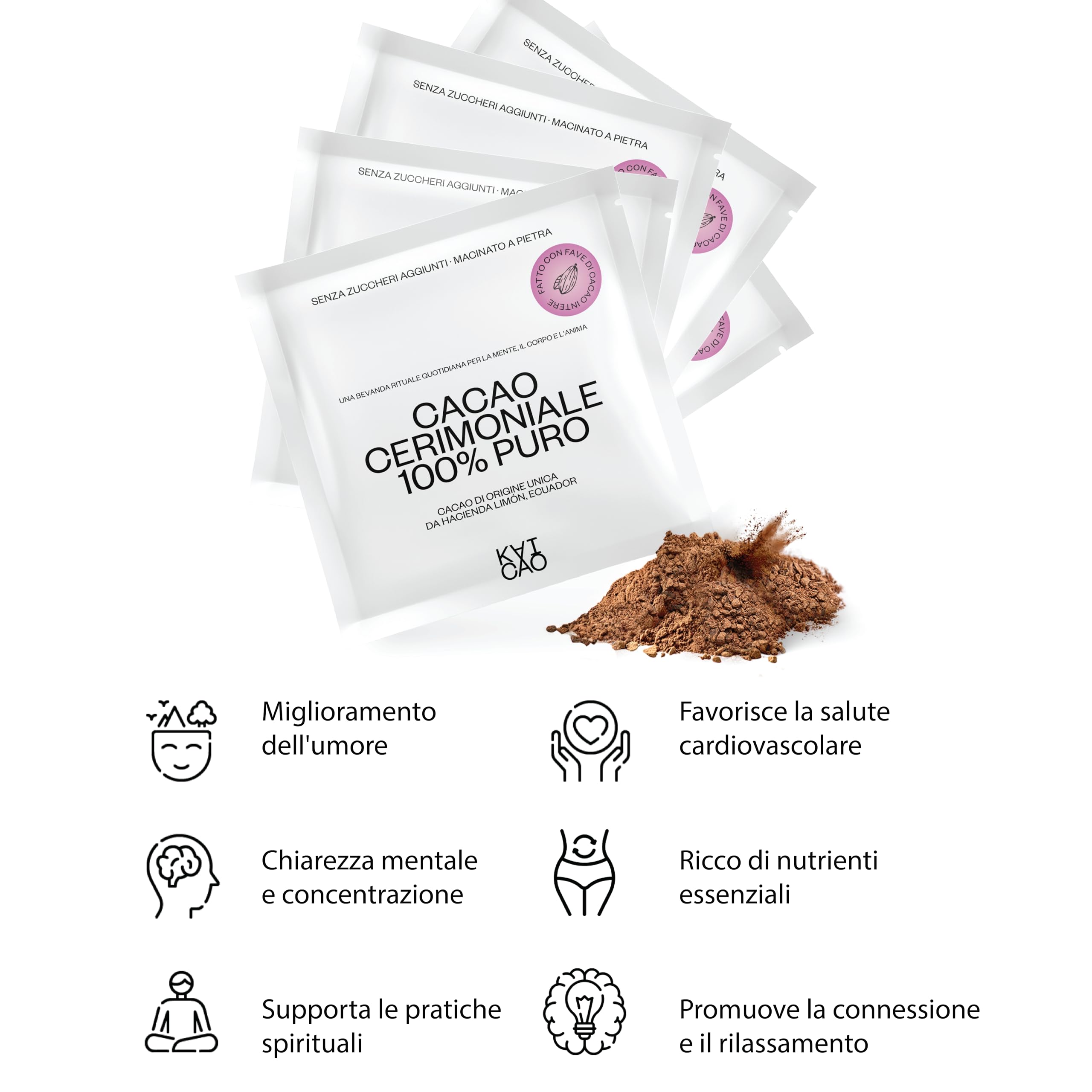 Kaicao Cacao Cerimoniale - Cacao Puro in Polvere - Senza Zucchero, Vegano, Senza Glutine, Dieta keto - Origine Hacienda Limón, Ecuador - 5 x 20 gr