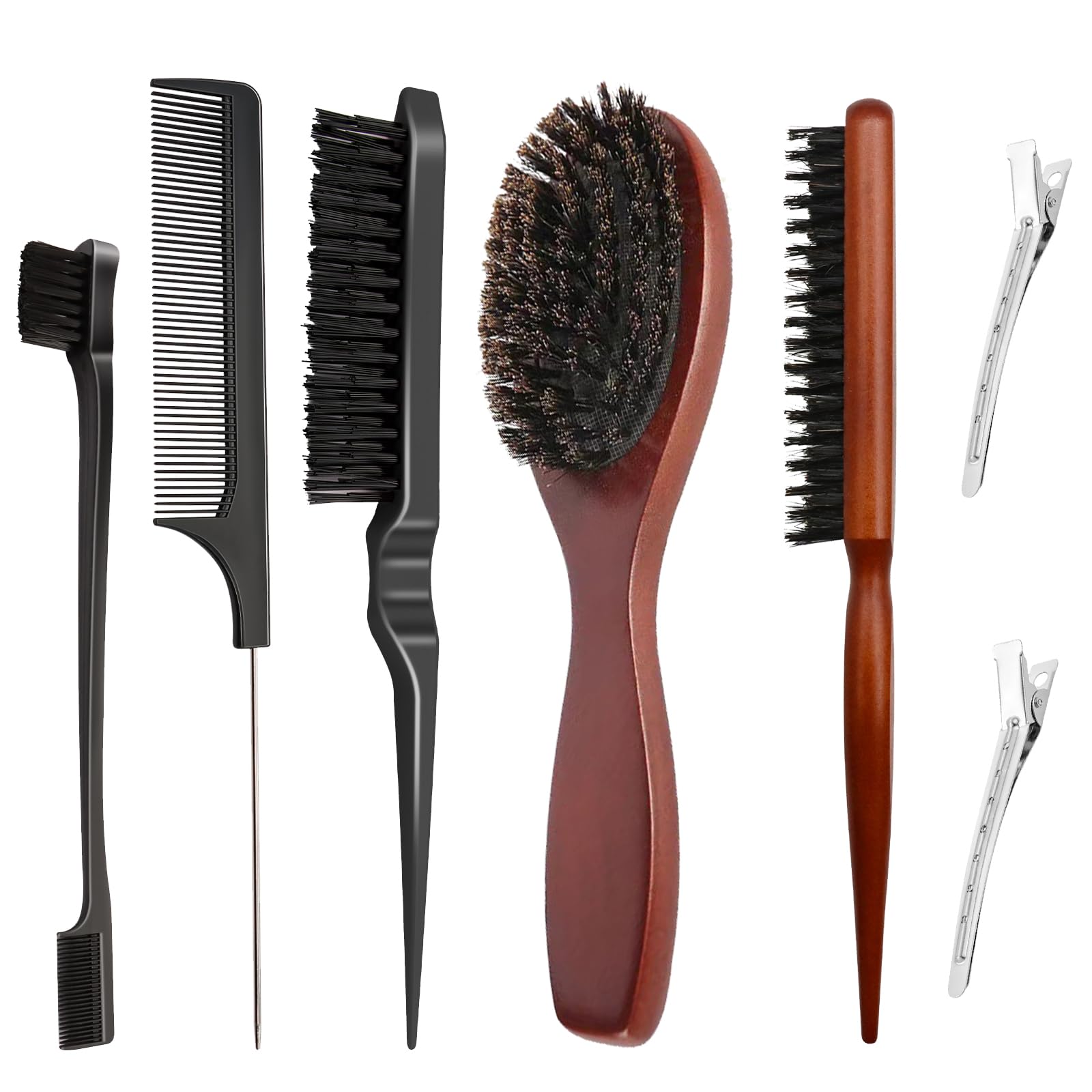 VEGCOO Kit de 7 Cepillos para Pelo de Cerdas de Jabalí, Cepillo de Cerdas Naturales, Set de Peine con Pinzas para Pelo Largo, Corto, Grueso, Fino, Rizado, Liso, Ondulado y Seco para Hombres Mujeres