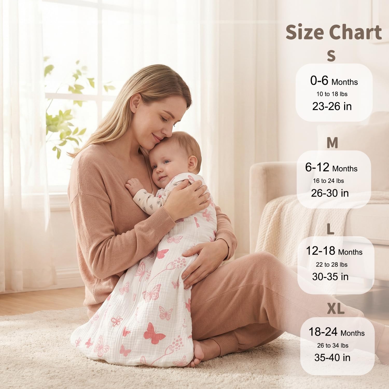 BSTOPPT 2 Pack Baby Sleep Sack 12-18 Months 100% Organic Cotton Muslin Baby Sleeping Bag 2-Way Zipper Wearable Blankets TOG 0.3 (Gray & Pink Butterfly, Large)