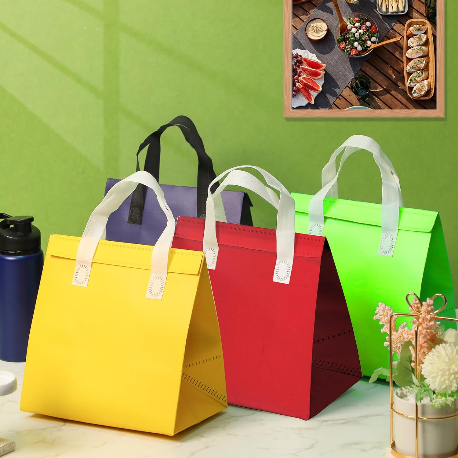 Kacctyen 150 Pcs Insulated Take Away Bags Bulk 9. 5 x 9. 5 x 6 in Disposable Cooler Thermal Lunch Grocery Take out Bags for Grocery Coffee Milk Tea Hot Cold Drink Food Pizza Delivery(Multicolor)